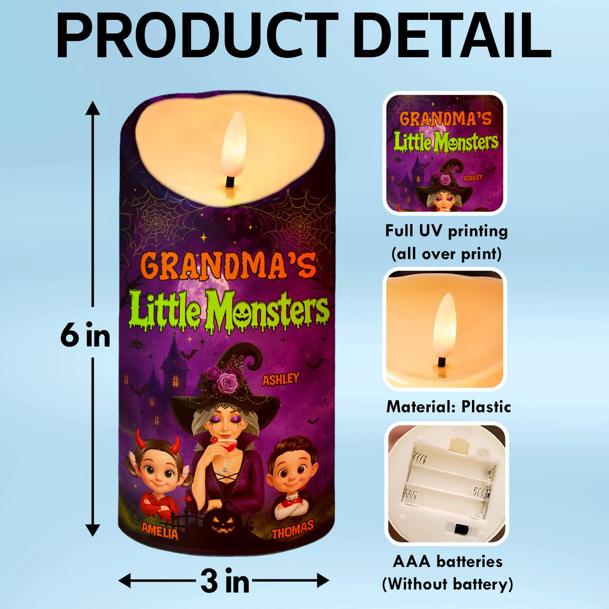 Grandma's Little Monsters Pretty Witch & Kids Purple Theme - Personalized LED Candle - Perfect Halloween Decor for Grandma
