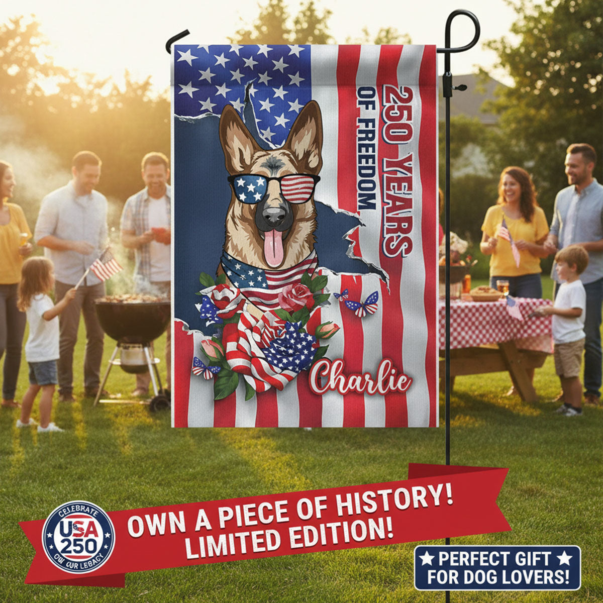 USA 250th Birthday Patriotic Flag Dog - Personalized Garden Flag - Gift For Dog Lovers