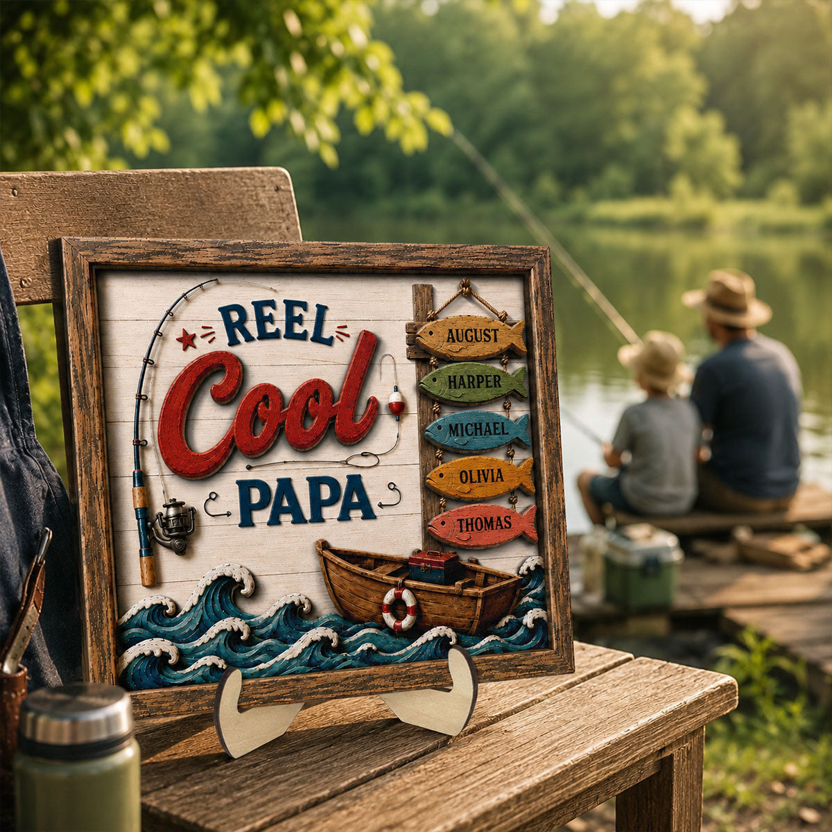 Reel Cool Dad Custom Kids Names Fishing - Personalized Wooden Plaque - Father’s Day Gift For Dad