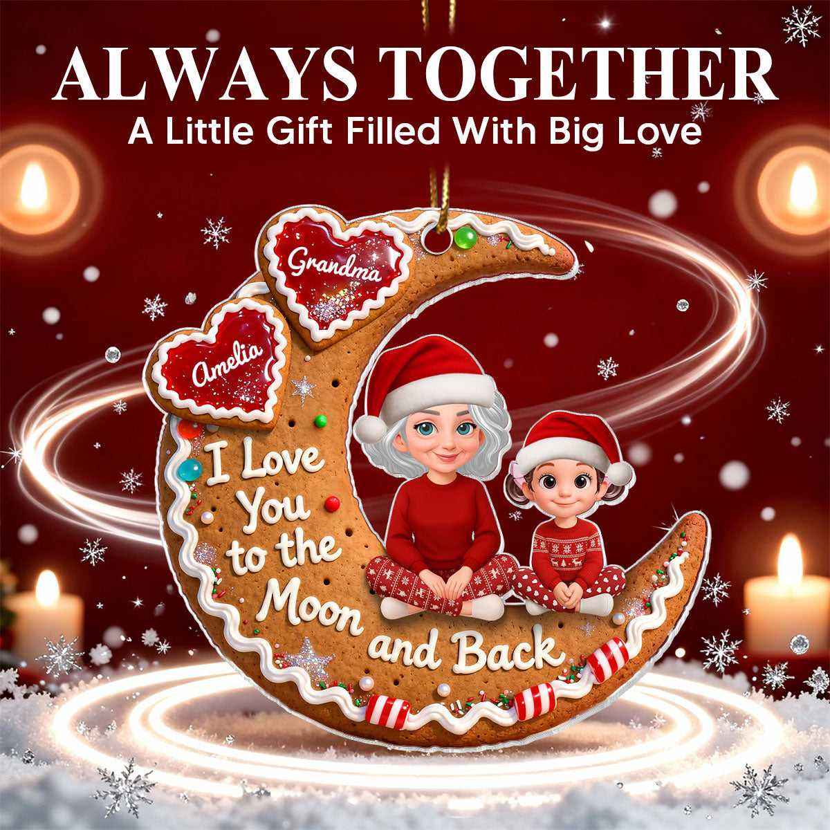 3D Effect Gingerbread Moon Grandma Grandkid Love You To The Moon And Back - Personalized Acrylic Ornament - Christmas Gift For All Grandkids