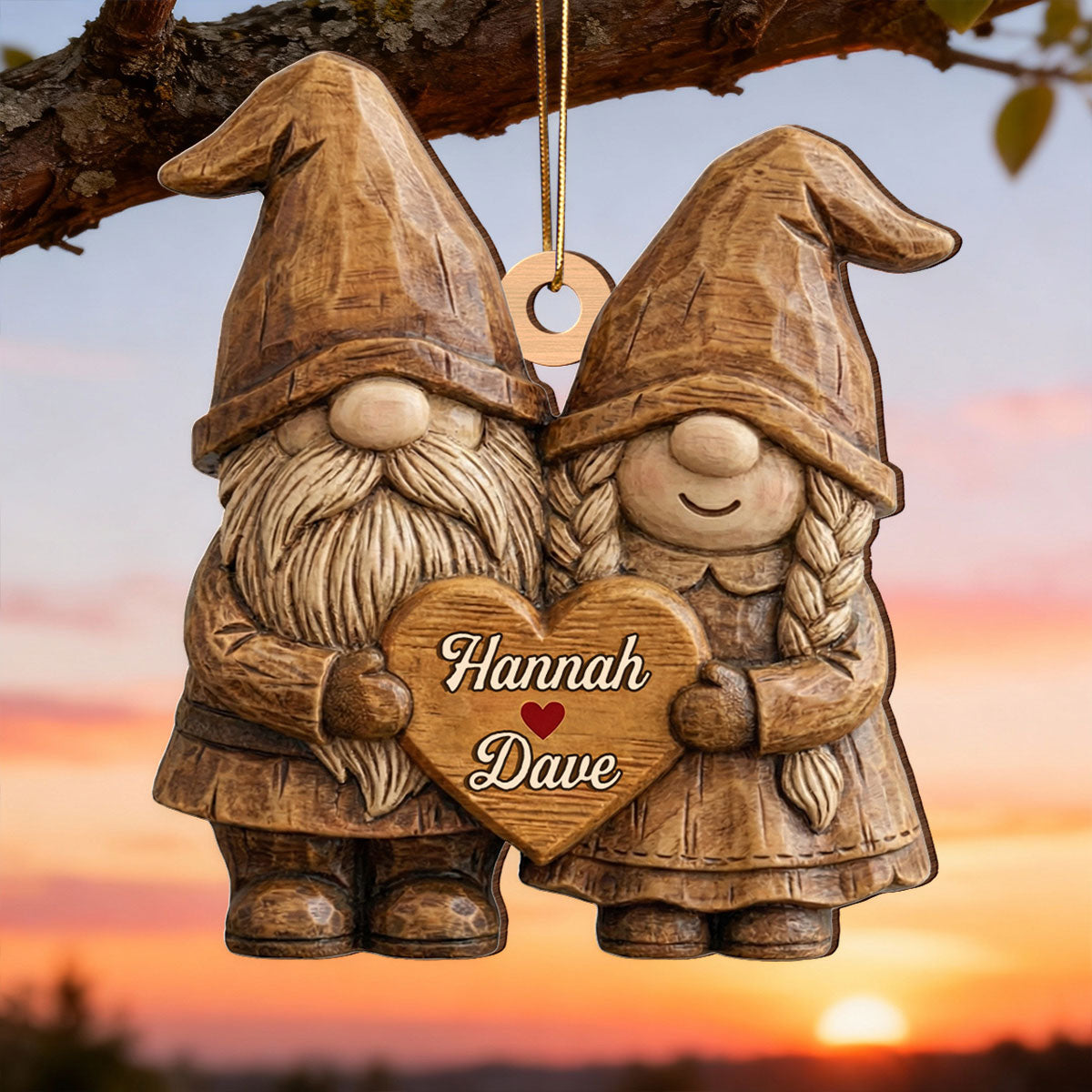 3D Effect Gnome Couple Standing - Personalized Wooden Ornament - Gift For Him, Gift For Her