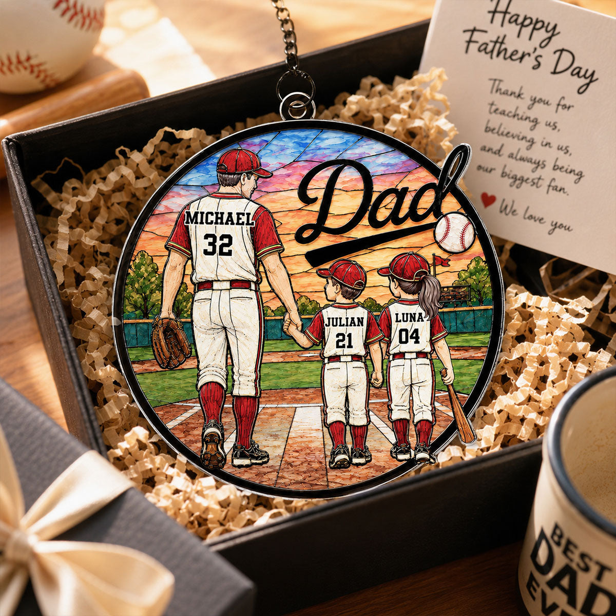 Baseball Dad & Kids 2D Flat - Personalized Suncatcher Ornament - Father's Day Gift For Baseball Dad