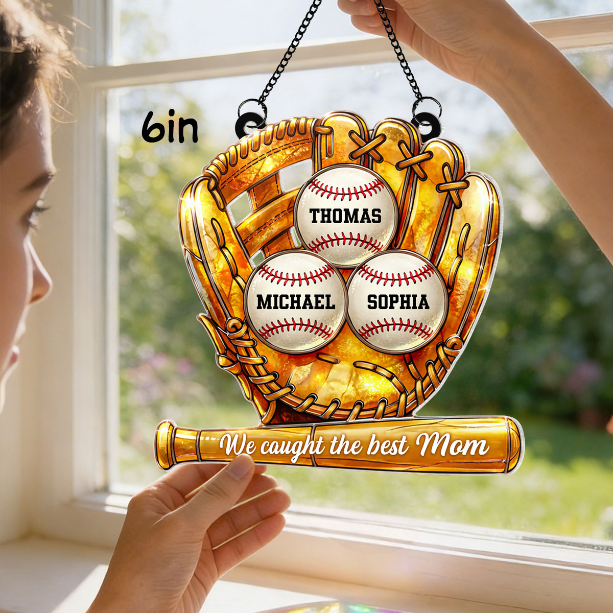 Baseball Glove We Caught the Best Mom - Personalized Suncatcher - Sentimental Mother's Day Gift for Mom, Wife