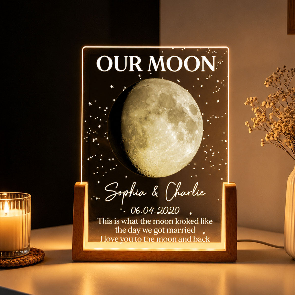 Couple Moon Phase This Is What The Moon Looked Like - Personalized Acrylic LED Night Light - Wedding Anniversary Gift For Couple