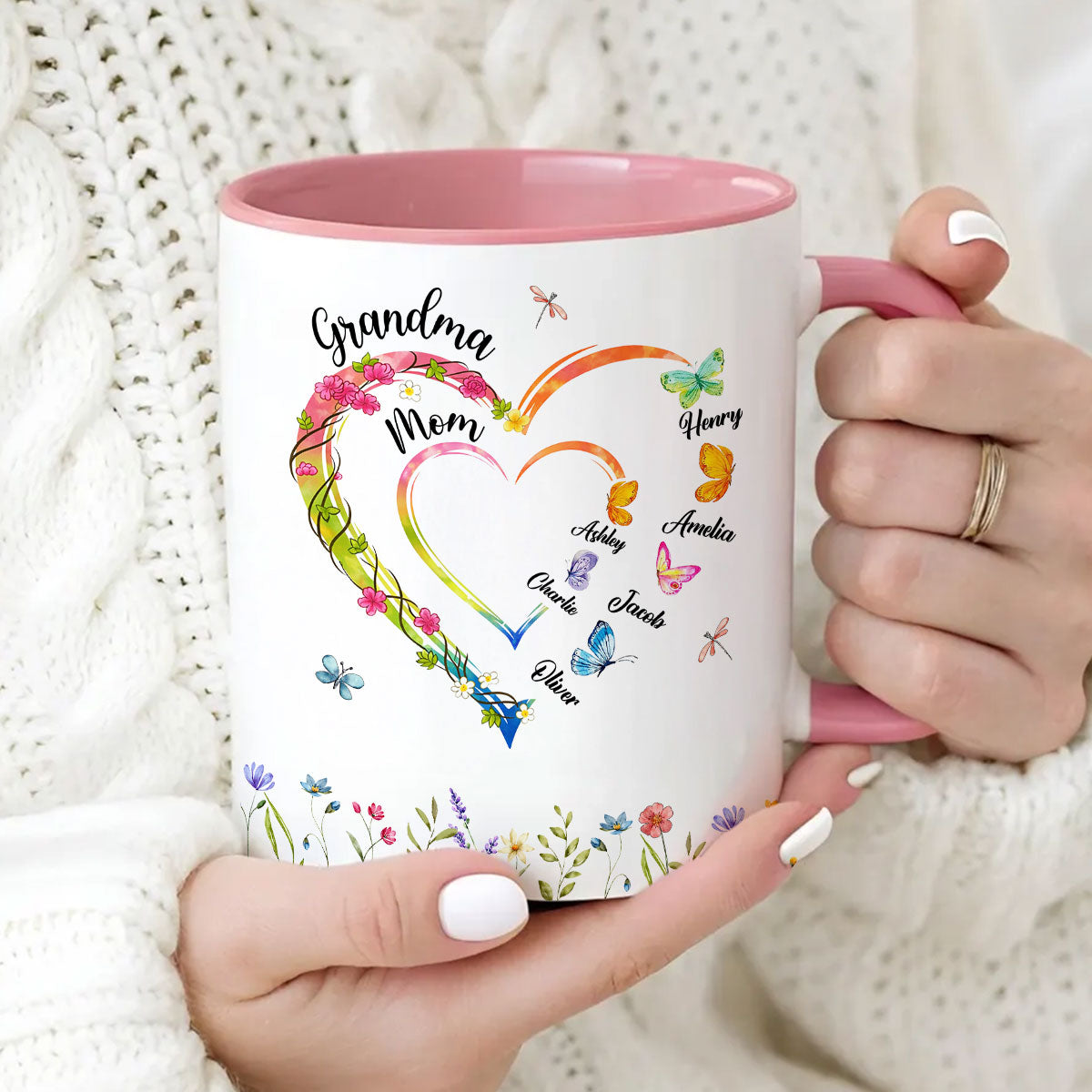Custom Grandma Mom Flower Heart with Kids Names - Personalized Mug - Gift for Mom, Grandma