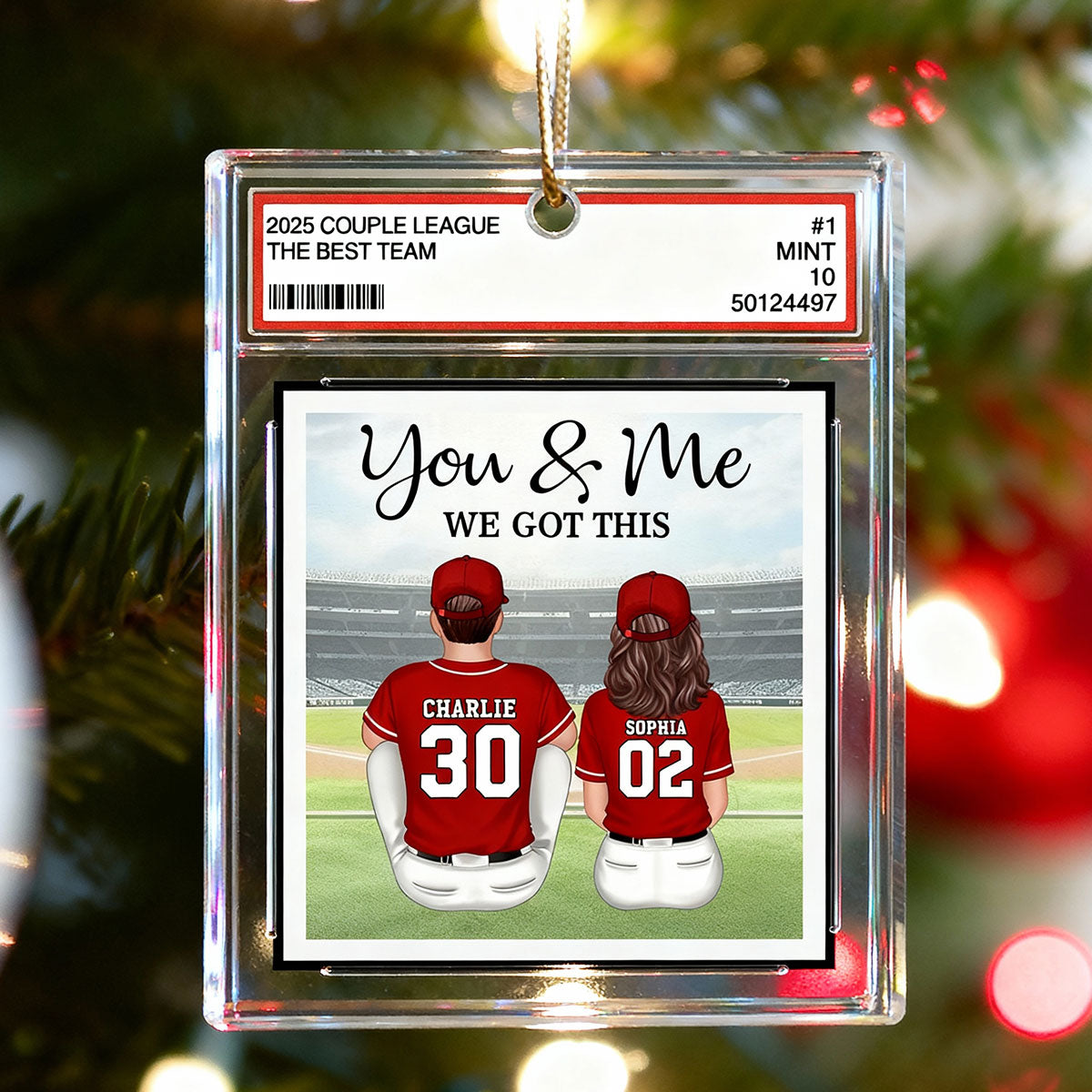 Baseball Couple Sitting Back View Trading Card Style - Personalized Acrylic Ornament