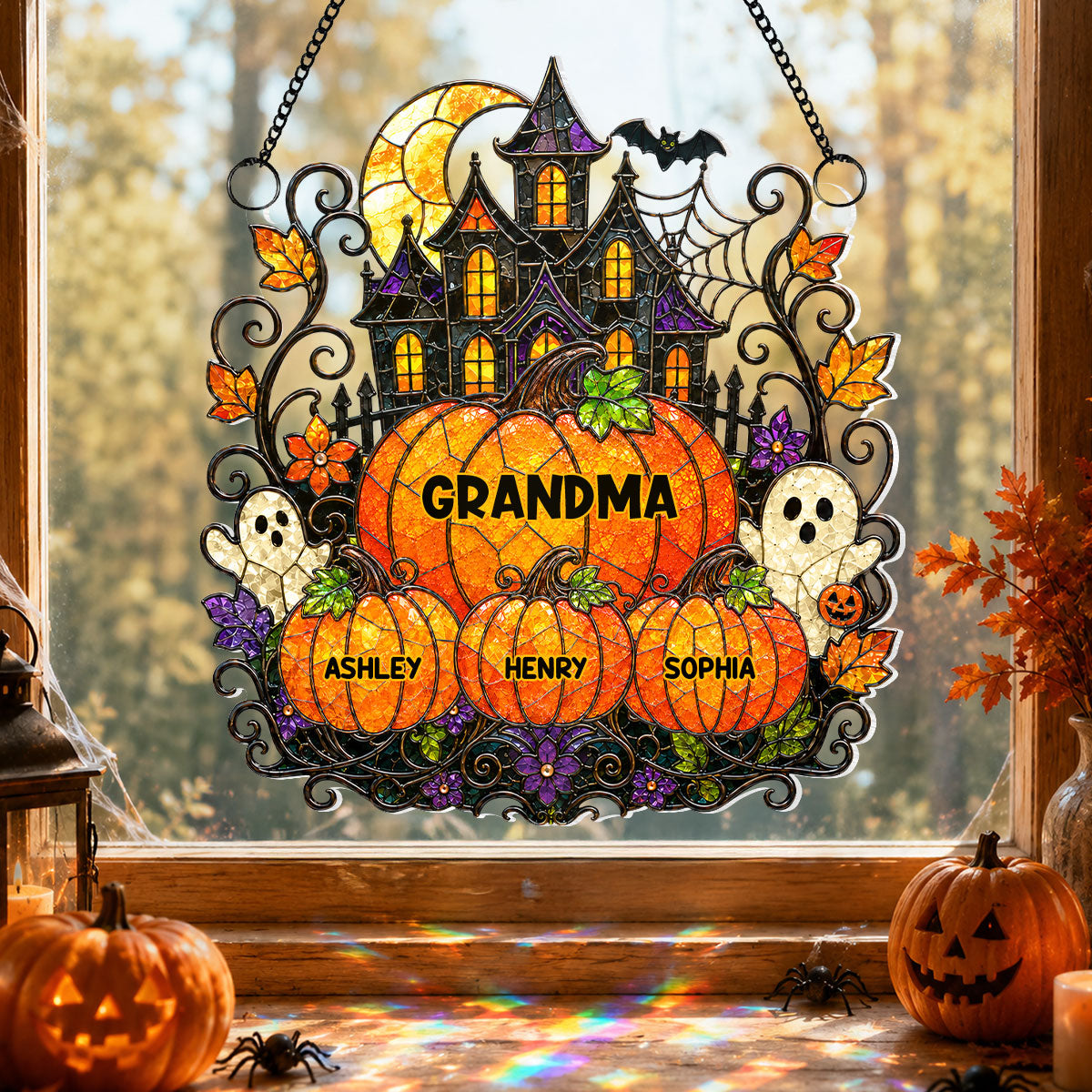 Whimsical Halloween Grandma's Little Pumpkins Haunted House - Personalized Acrylic Window Hanging - Halloween Decoration For Grandma