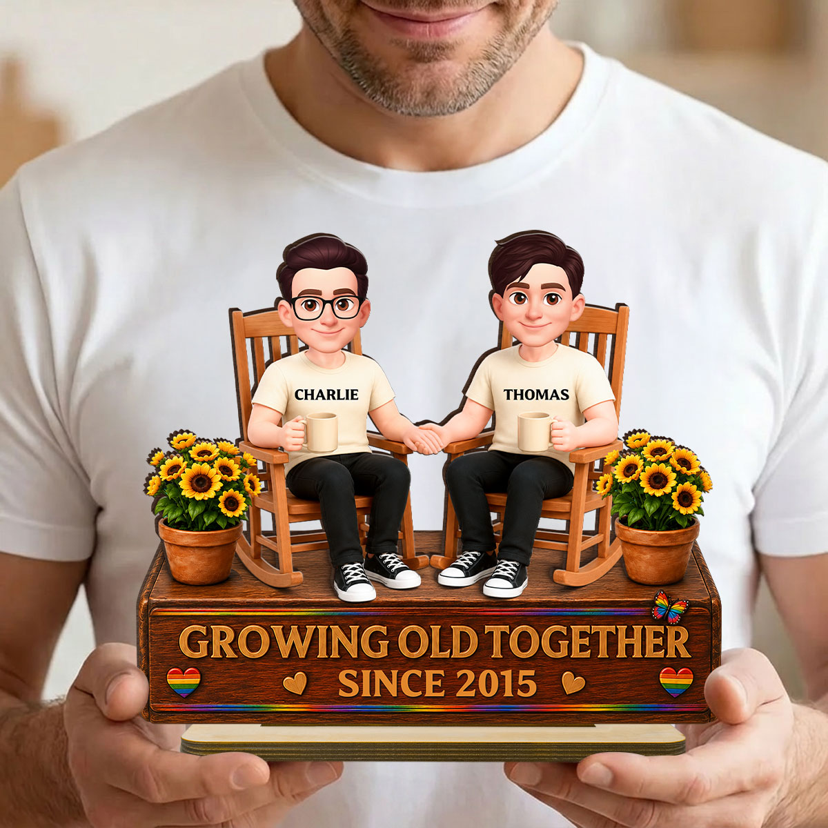 LGBT+ Couple Sitting On Garden - Personalized 2-Layered Wooden Plaque - Gift For Couple, Happy Pride Month