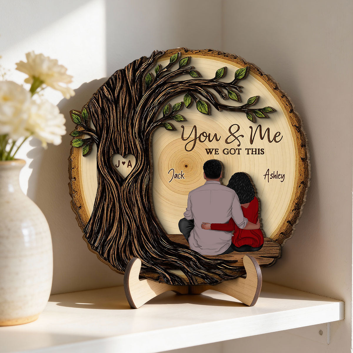 Couple Sitting Back View Under Heart Carved Tree - Personalized 2-Layered Wooden Plaque - Valentine's Day Gift For Couple