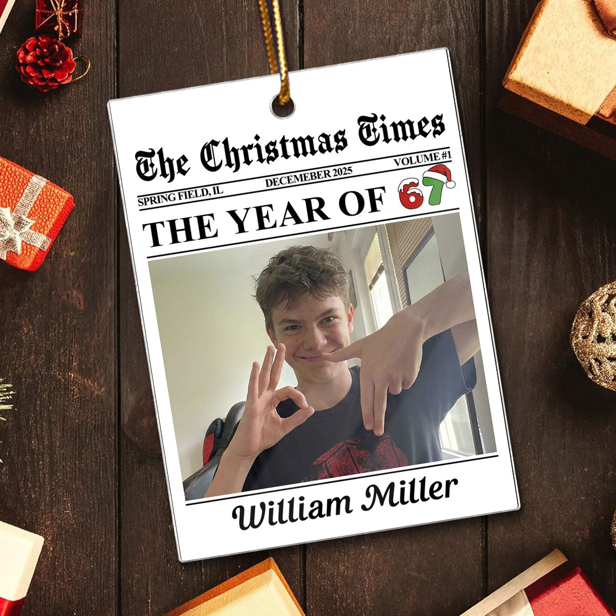 Custom Photo Newspaper Style 2025 Trending Slang Christmas 67 Six Seven - Personalized Acrylic Ornament - Funny Christmas Gift For Teen, Grandkid, Gen Alpha