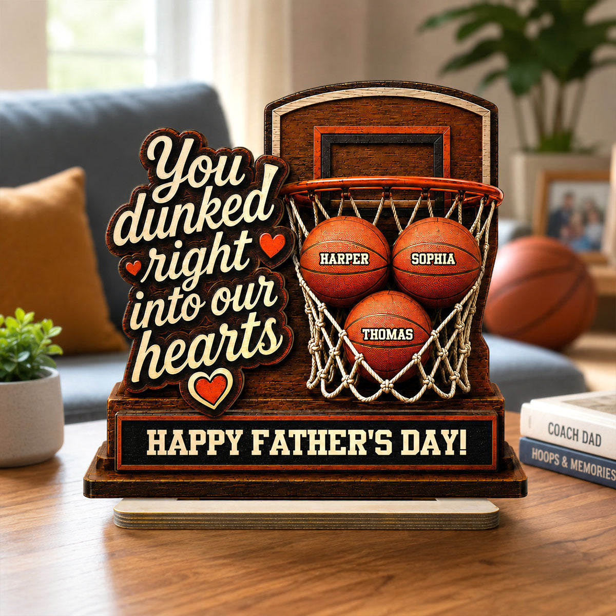 You Dunked Right Into Our Hearts Custom Name 2D Flat - Personalized 2-Layered Wooden Plaque -  Gift For Basketball Dad