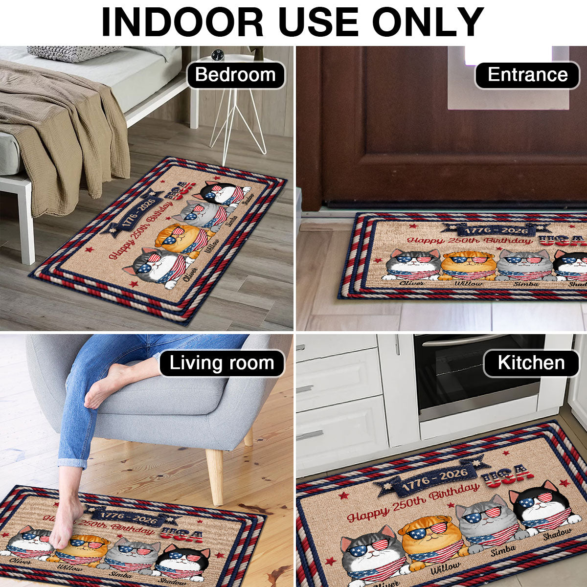 USA 250th Birthday Patriotic Flag Cat Faux Yarn Pattern - Personalized Doormat - Gift For Cat Lovers