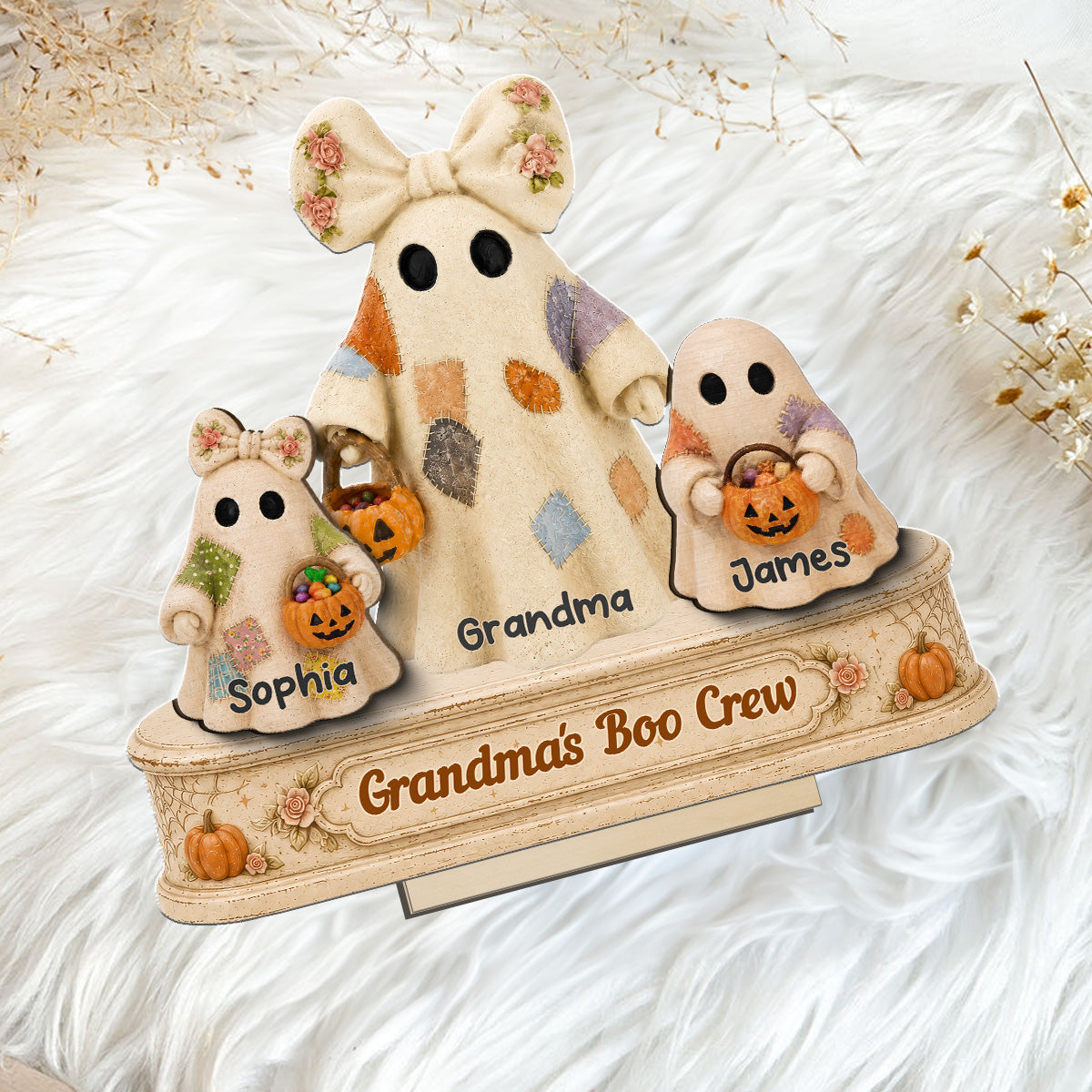 Grandma's Boo Crew Patchwork Style Ghosts 2D Flat - Personalized 2-Layered Wooden Plaque - Fall Season Halloween Decor For Grandma