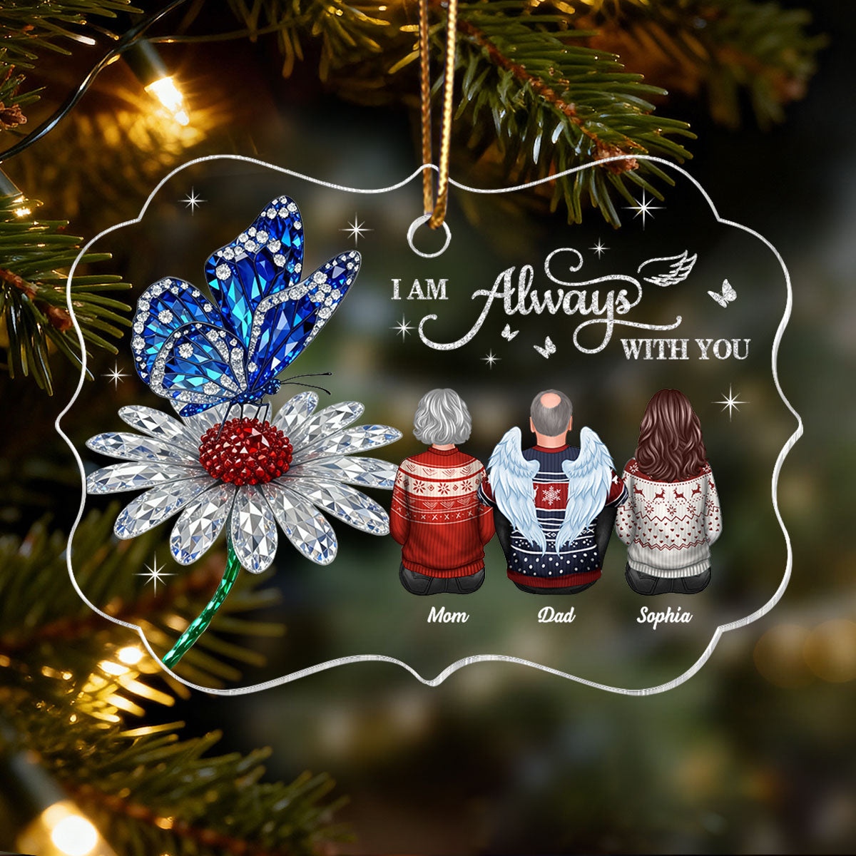 3D Crystal Effect Daisy Butterfly Always With You Family Memorial - Personalized Acrylic Ornament - Remembrance Gift, Sympathy Gift
