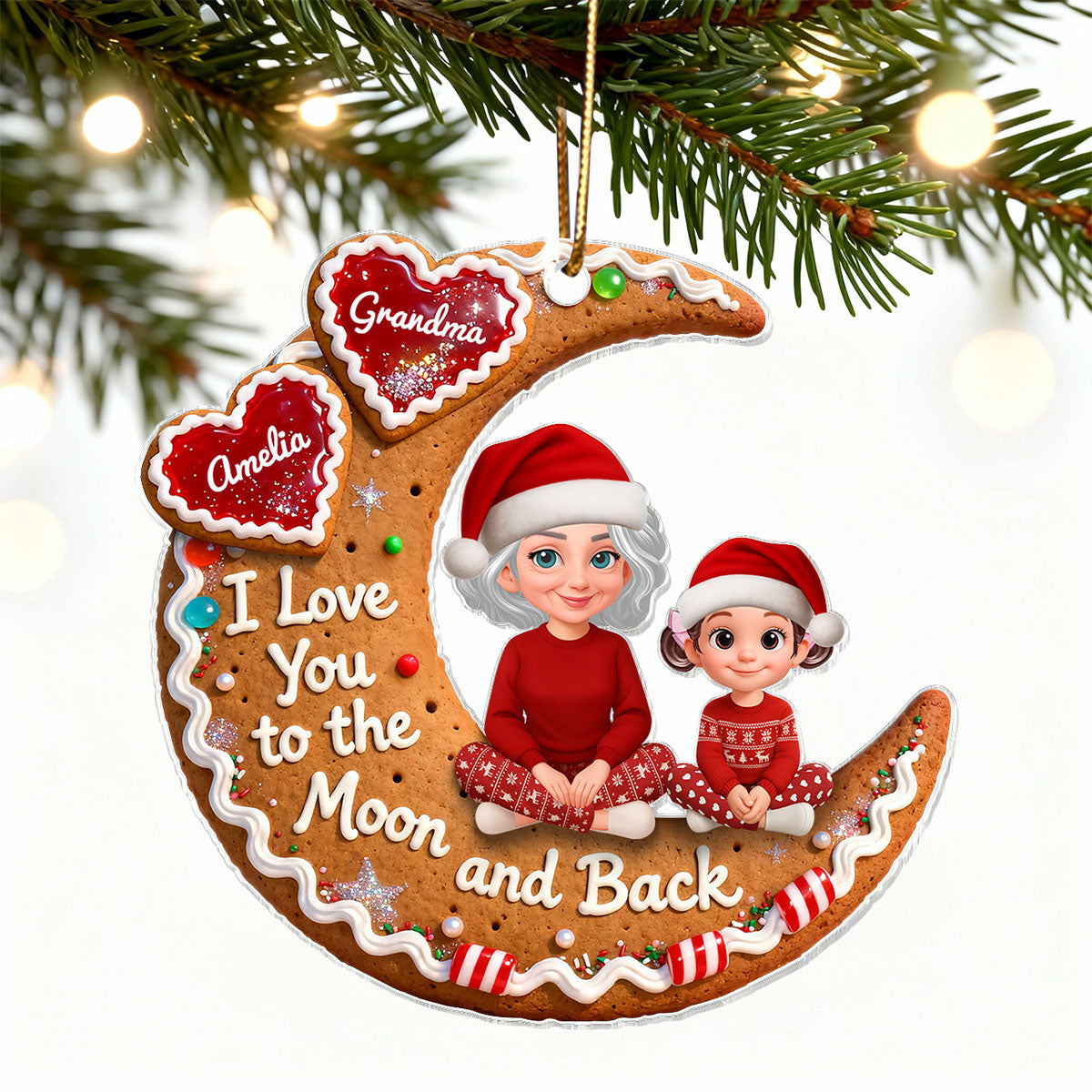 3D Effect Gingerbread Moon Grandma Grandkid Love You To The Moon And Back - Personalized Acrylic Ornament - Christmas Gift For All Grandkids