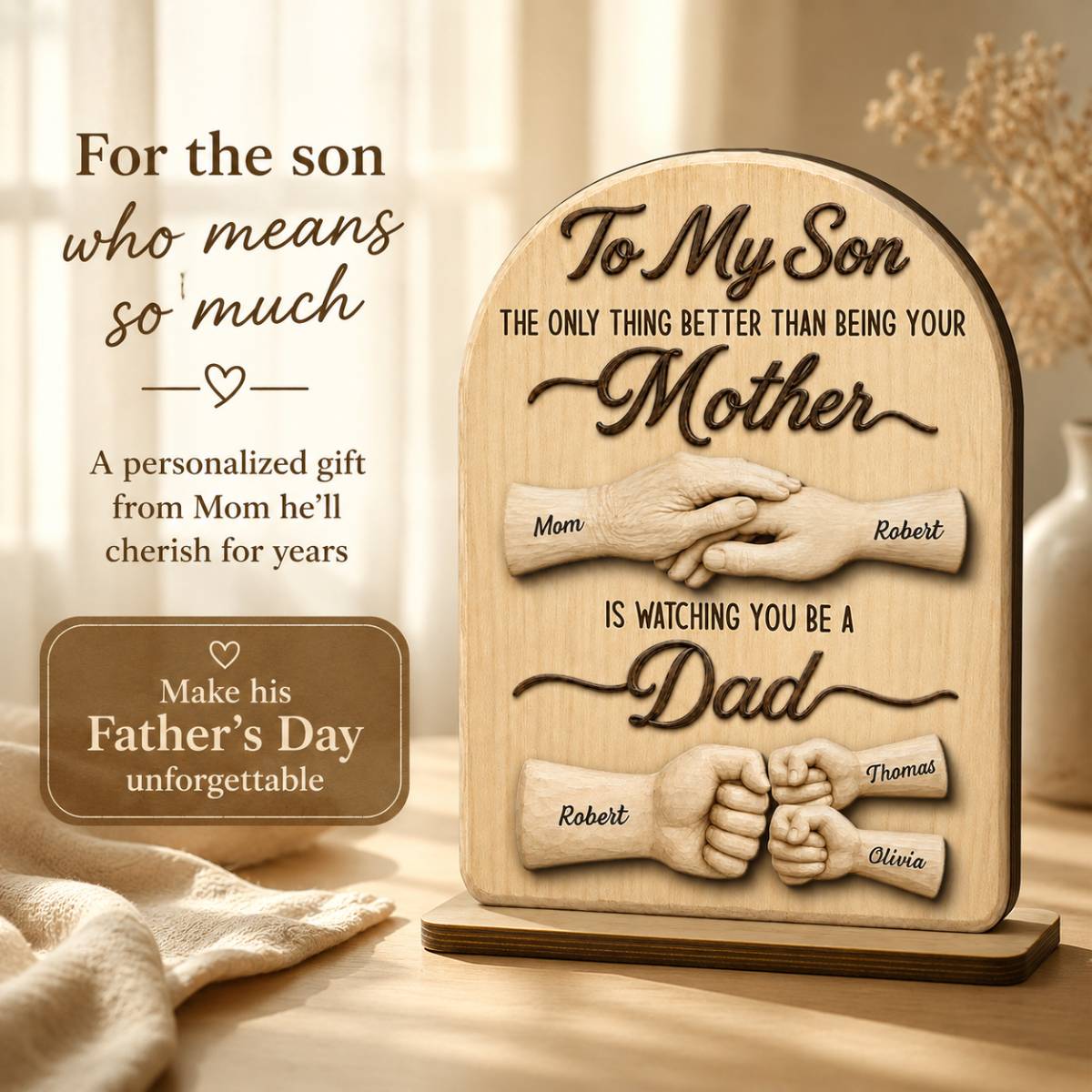 To My Son Watching You Be A Dad From Mom - Personalized 2-Layered Wooden Plaque -  Gift For Son
