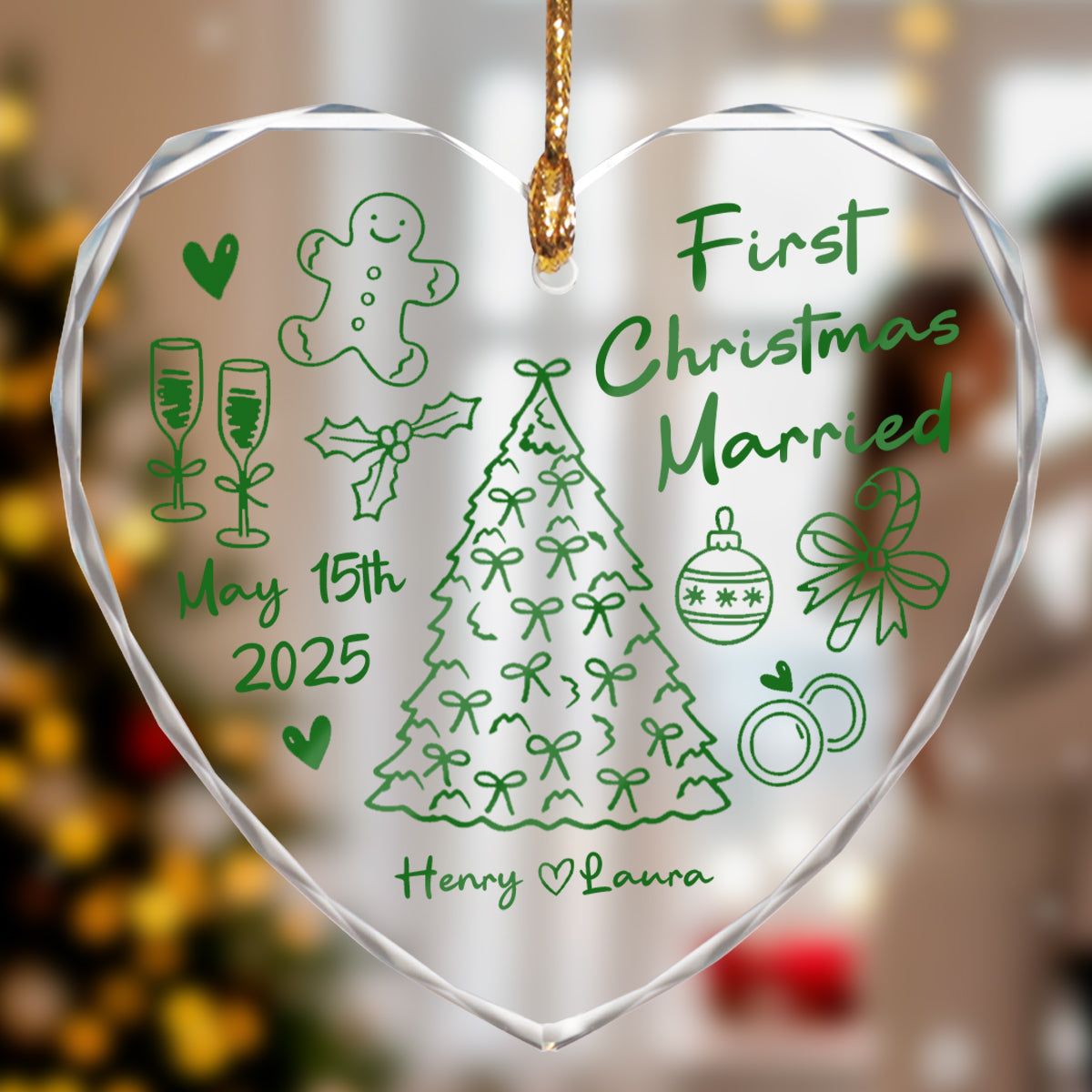 First Christmas Married Doodle - Personalized Glass Ornament - Christmas Gift For Him, For Her, For Couple