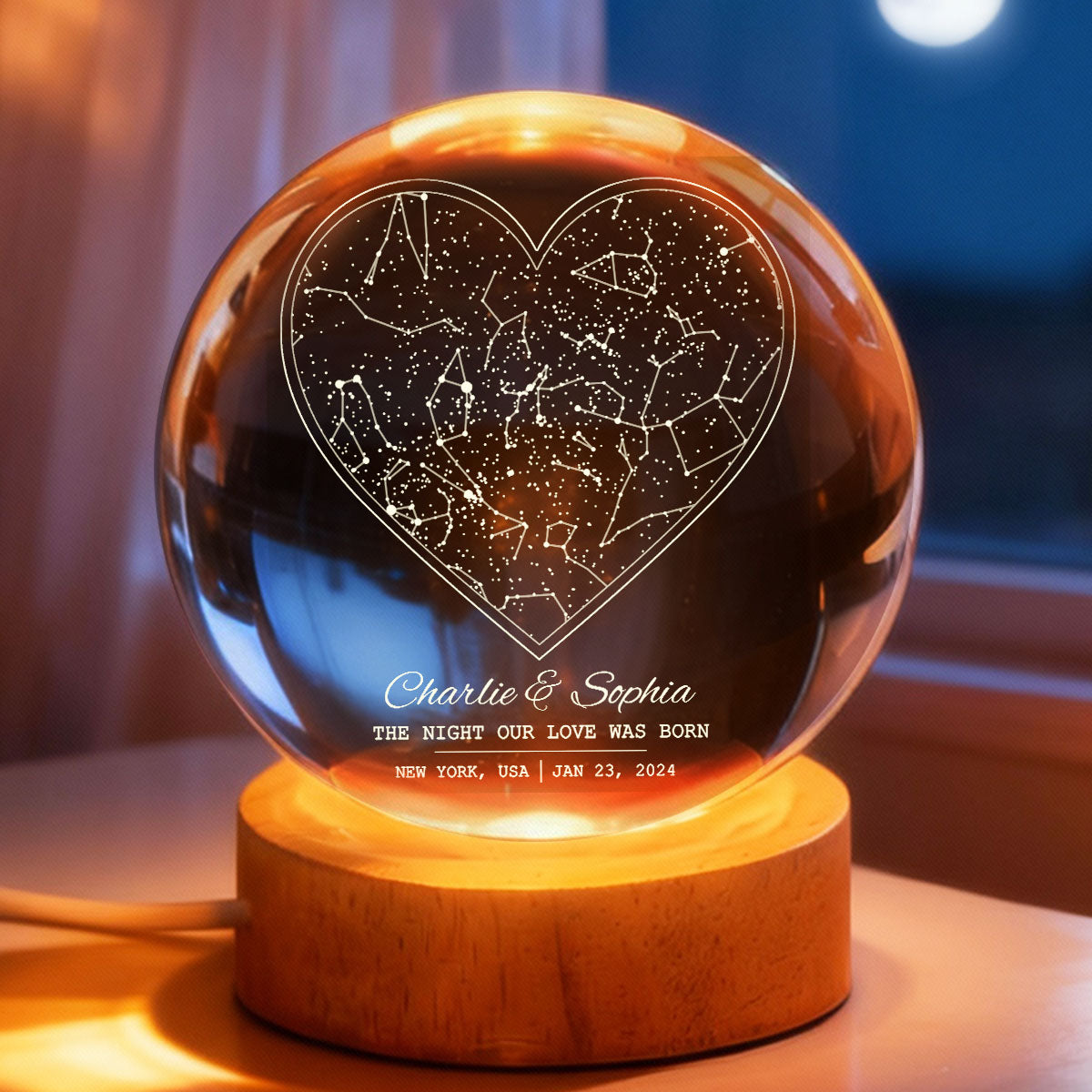 Star Map By Date Couple - Personalized Crystal Ball LED Night Light - Anniversary, Valentine's Day Gift, Gift For Him, Gift For Her