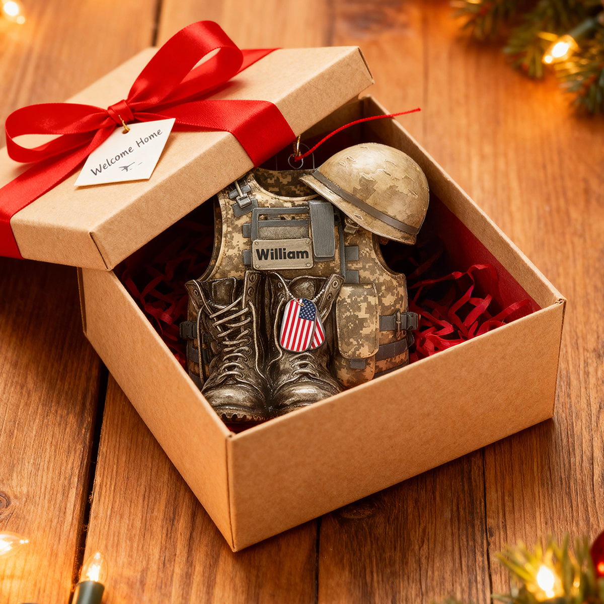 3D Effect Military Combat Vest, Boots And Helmet - Personalized Acrylic Ornament