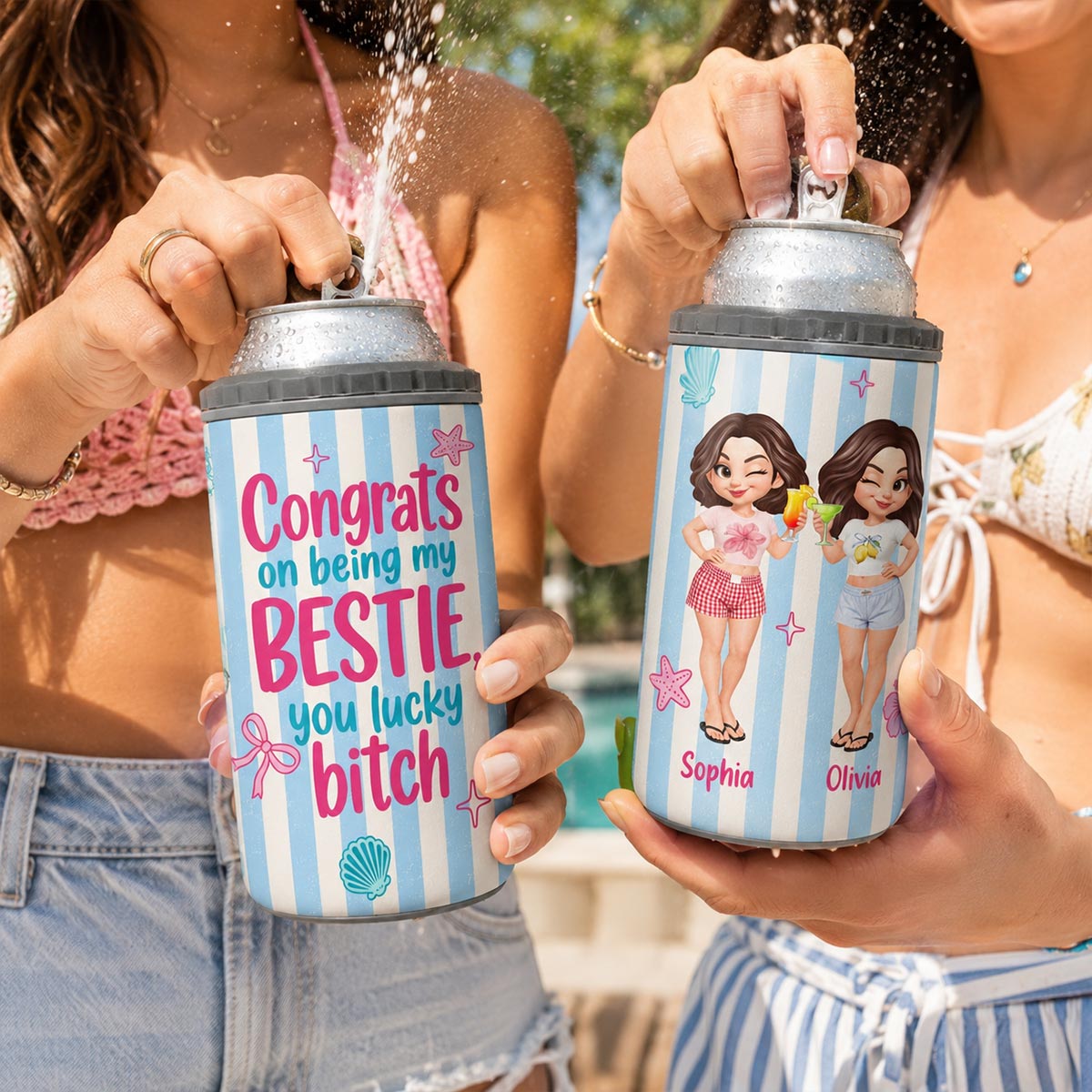 Congrats On Being My Bestie Stripe Style - Personalized Can Cooler - Summer