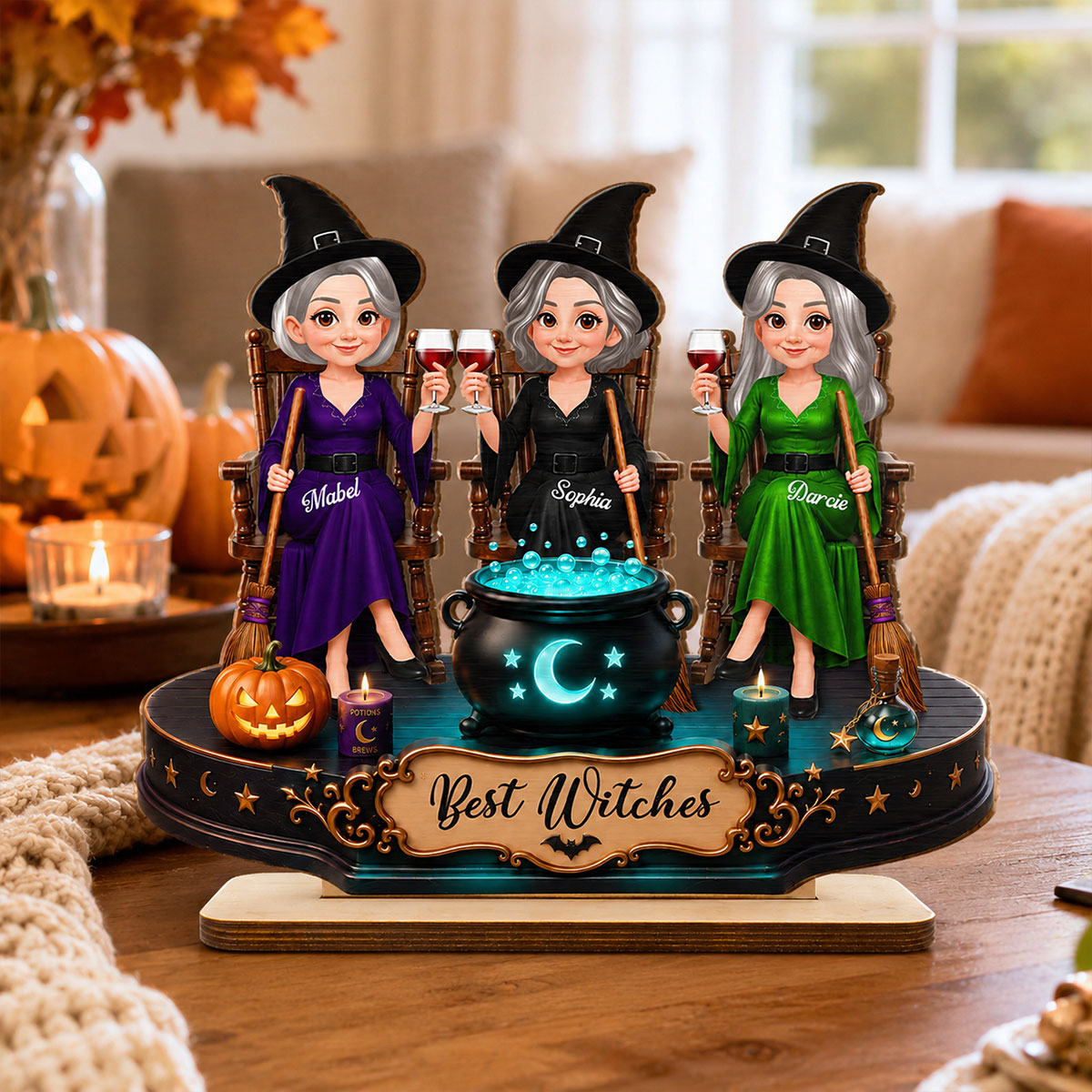 Besties Sisters Witches 2D Flat - Personalized Wooden Plaque - Halloween Decoration