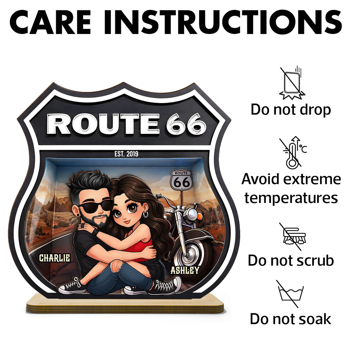 Bikers Couple Route 66 - Personalized 2 Layer Standing Wooden Plaque - Gift for Couple