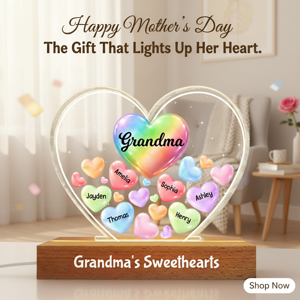 Grandma's Sweethearts In Heart - Personalized Acrylic Block Plaque LED Night Light - Gift For Grandma