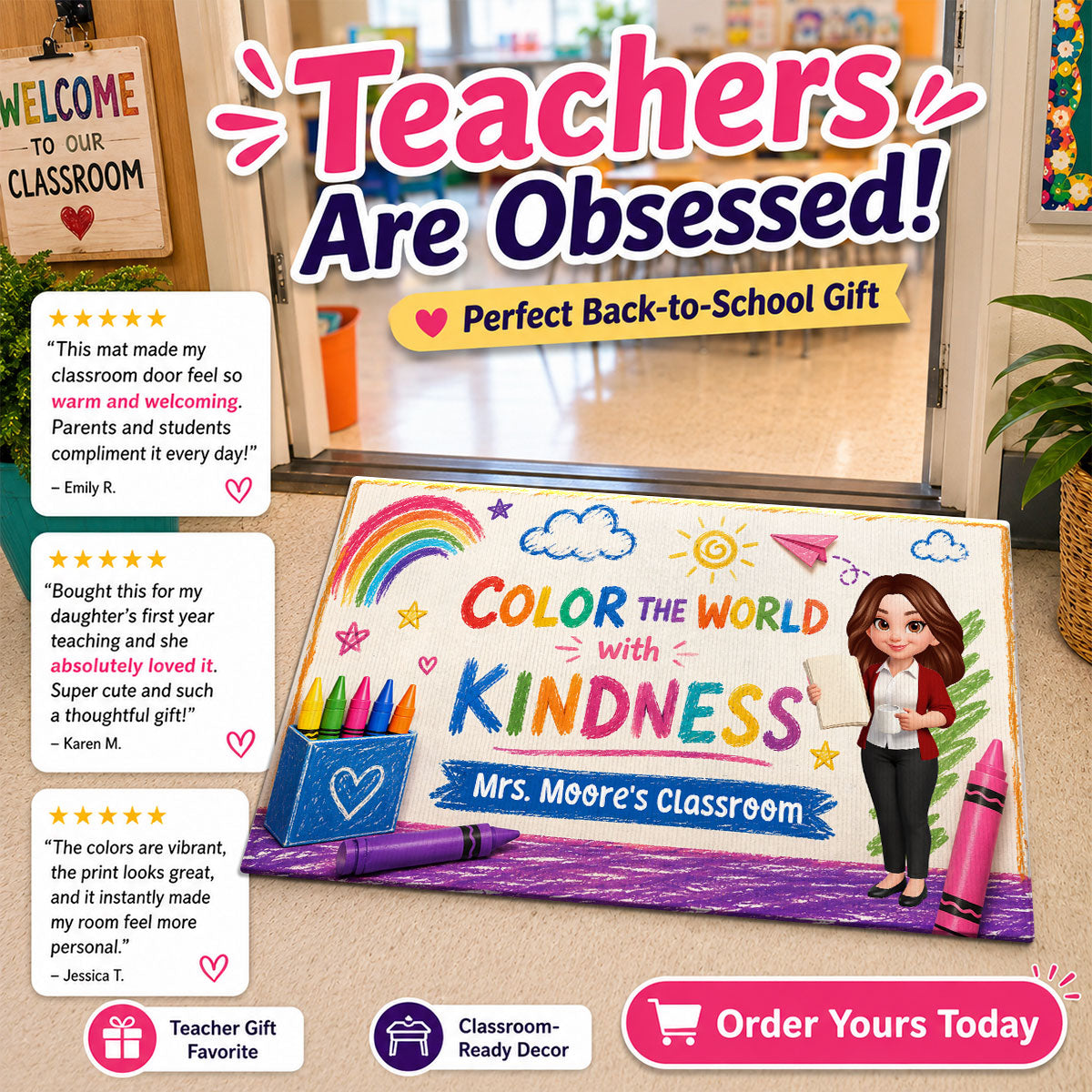 Colour The World With The Kindness - Personalized Doormat - Back To School Gift For Teacher, Classroom Decor