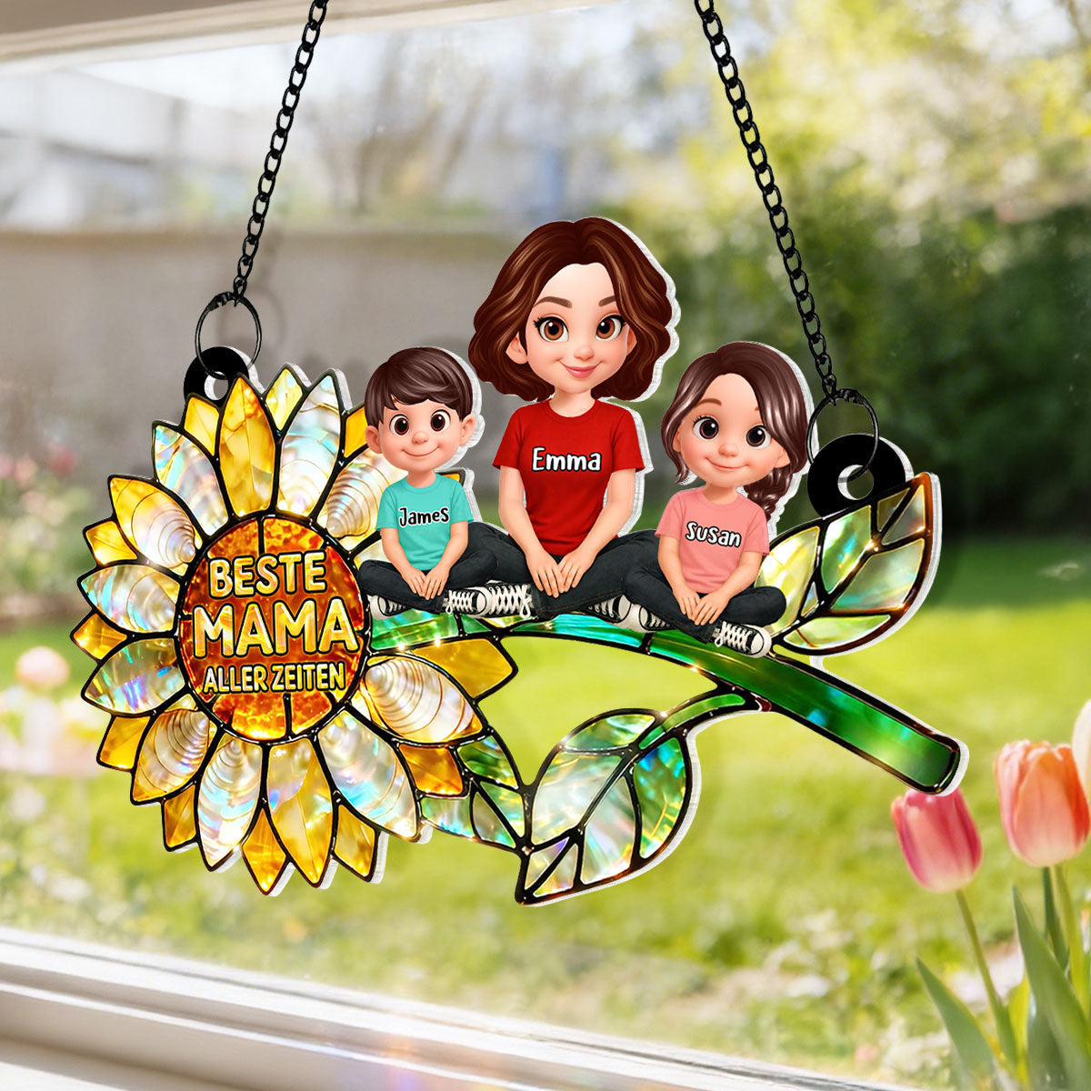 Sonnenblumen-Mama mit Kindern – Personalisierter Suncatcher fürs Fenster – Liebevolles Muttertagsgeschenk für Mama oder Ehefrau