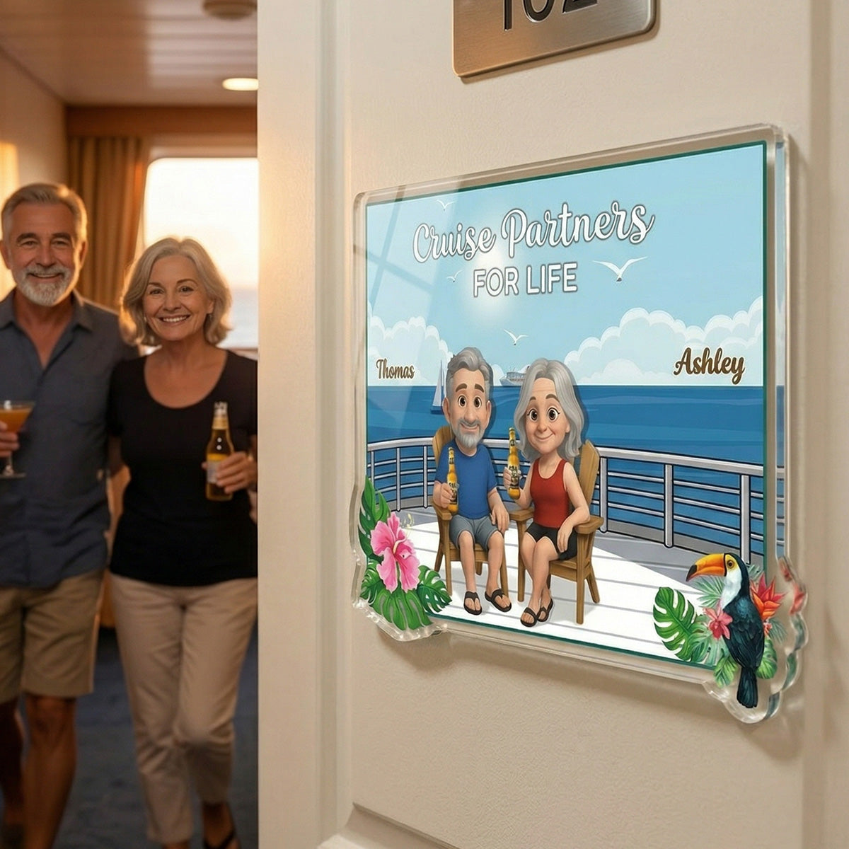 We're In Cruise Mode Old Cartoon Couple Sitting Cruise Deck - Personalized Cruise Cabin Door Magnet