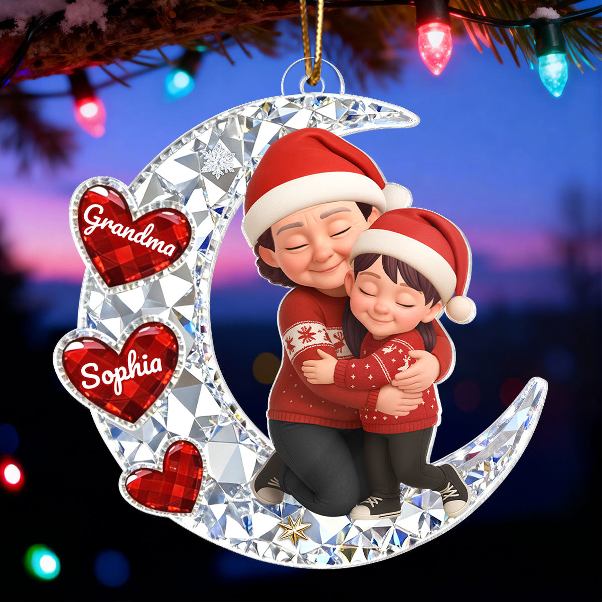 3D Crystal Effect Grandma Grandkid Hugging Moon Heart - Personalized Acrylic Ornament - Christmas Gift for Grandma, Grandkids