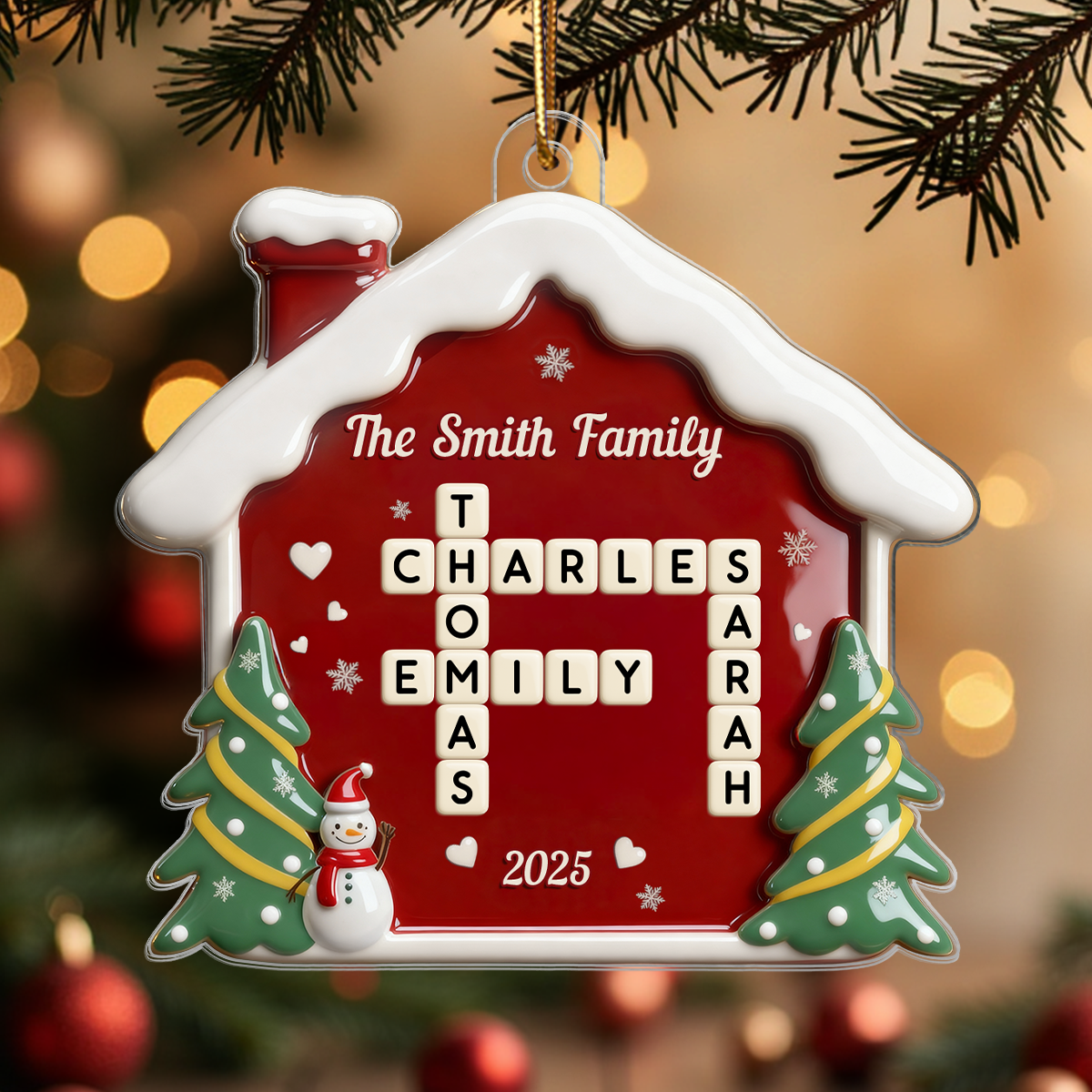 3D Effect Festive Christmas House Family Forever Linked Together Crossword Puzzle Art - Personalized Acrylic Ornament - Gift For Family