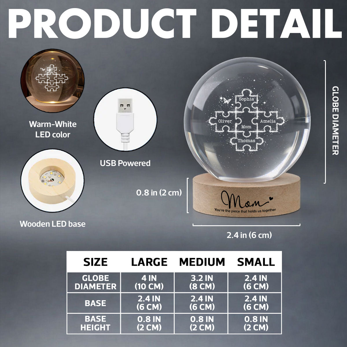 Mom You're the Piece that Holds Us Together - Personalized Crystal Ball LED Night Light - Mother's Day Gift for Mom, Wife