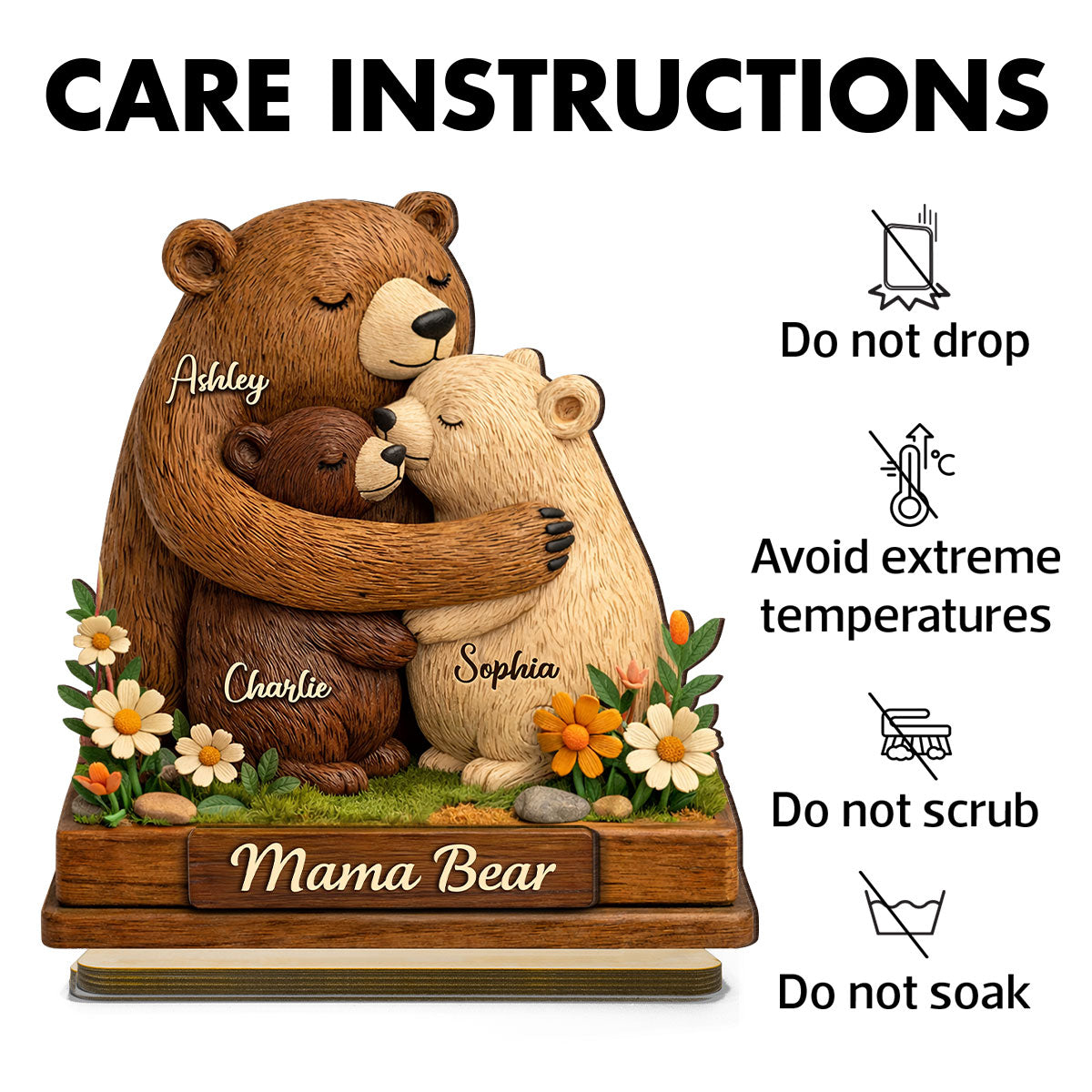 Mama Bear - Personalized 2-Layered Wooden Plaque - Sentimental Gift for Mom, Grandma