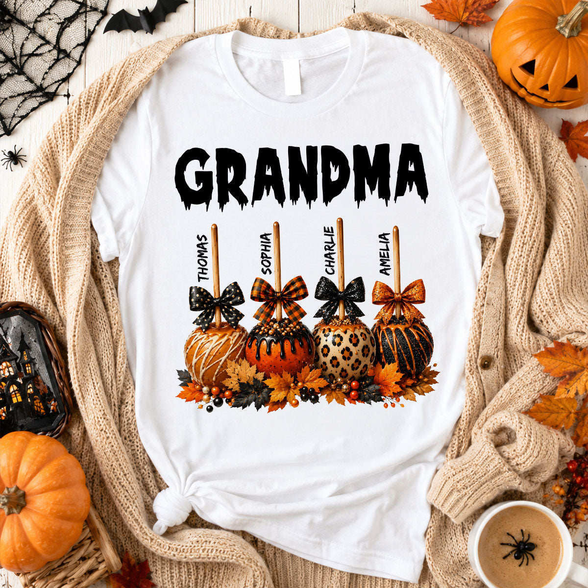 Trending Fall Season Halloween Grandma Fall Caramel Apples Custom Kids Names - Personalized Shirt - Fall Halloween Shirt For Grandma