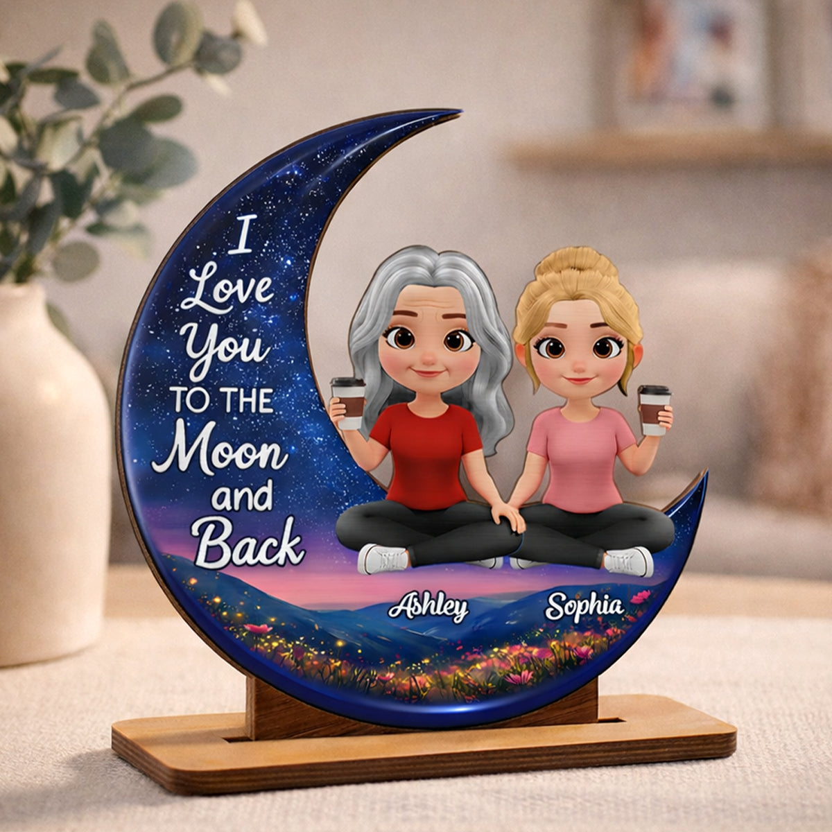 I Love You To The Moon And Back Mom Daughters - Personalized 2-Layered Wooden Plaque - Heartfelt Gift For Mom, Grandma