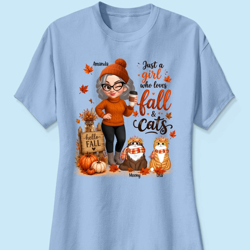 Just a Girl Who Loves Fall & Cats - Personalized Shirt - Cozy Fall Shirt for Cat Moms