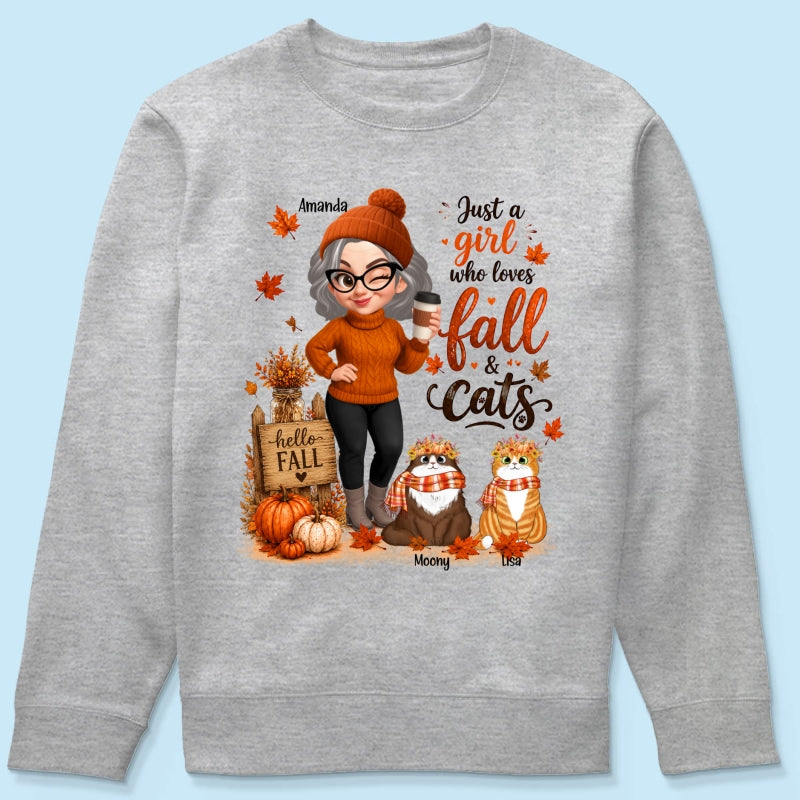Just a Girl Who Loves Fall & Cats - Personalized Shirt - Cozy Fall Shirt for Cat Moms