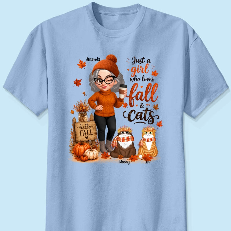 Just a Girl Who Loves Fall & Cats - Personalized Shirt - Cozy Fall Shirt for Cat Moms