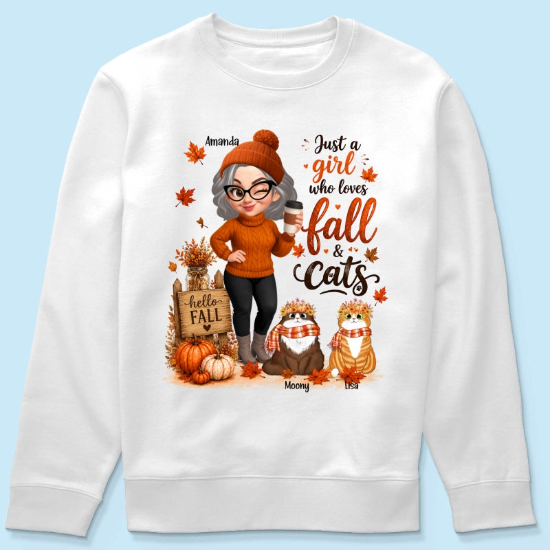 Just a Girl Who Loves Fall & Cats - Personalized Shirt - Cozy Fall Shirt for Cat Moms