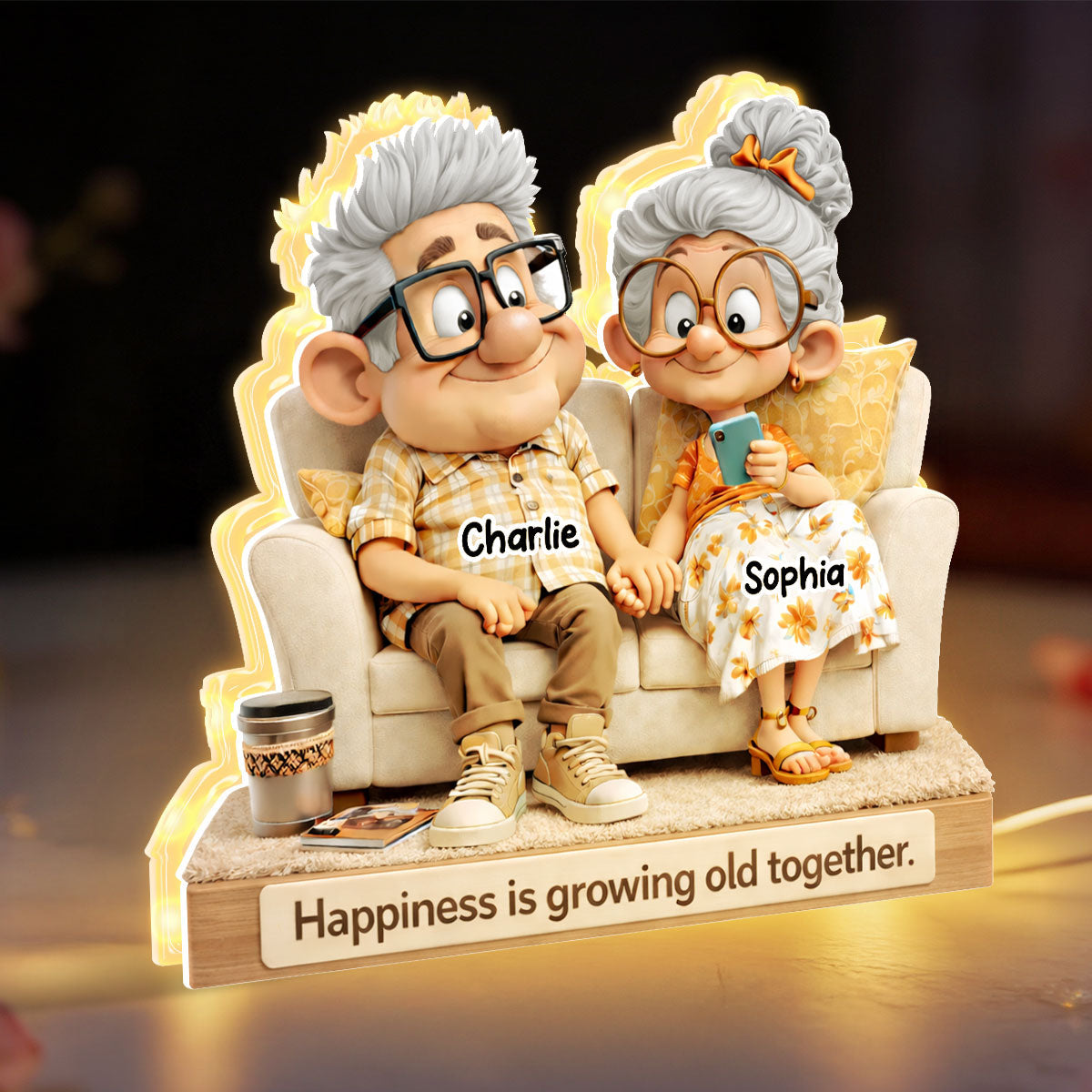 Cute Senior Couple On Couch - Personalized Light Box - Heartfelt Anniversary, Valentine's Day Gift, Gift For Him, Gift For Her
