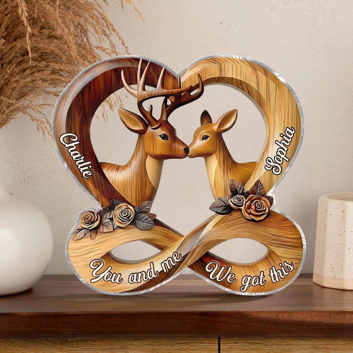 3D Effect Deer Couple Eternal Love - Personalized Acrylic Block Plaque - Gift For Him, Gift For Her