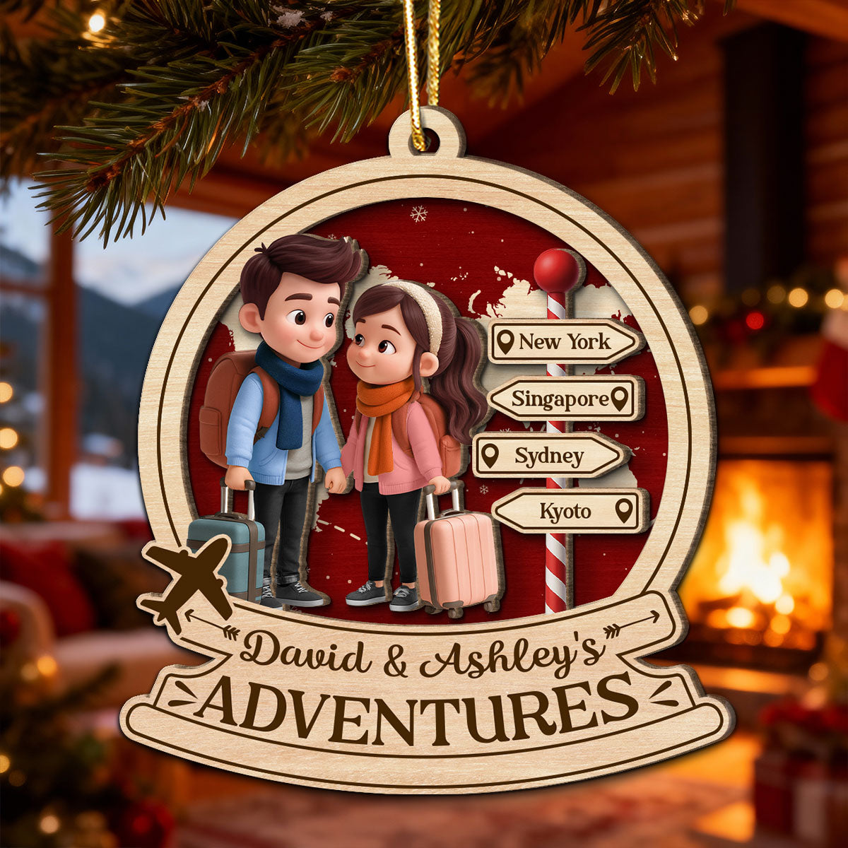 Travel Destination Ornament For Adventure Couple - Personalized Wooden Ornament - Christmas Gift For Him, For Her