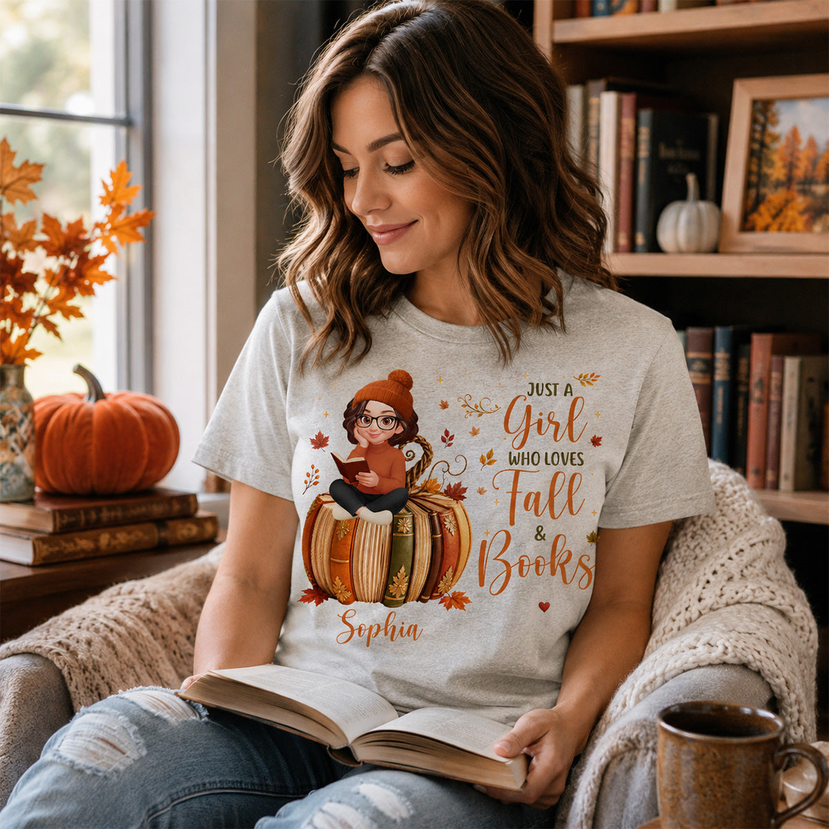 All Booked For Fall Girl Reading Book On Fall Book Pumpkin - Personalized Shirt - Fall Season Gift For Book Lover