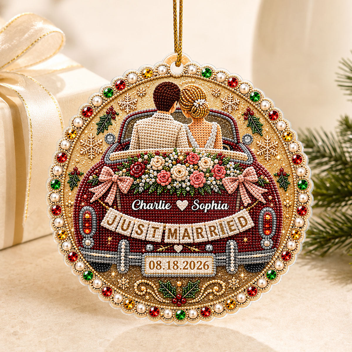 Just Married Wedding Car - Personalized Acrylic Ornament - Christmas Gift For Couple