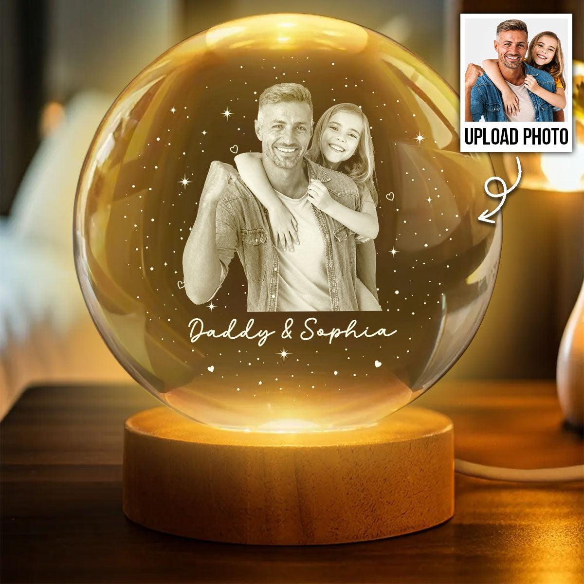 Dad And Kid Custom Upload Photo - Personalized Crystal Ball LED Night Light -  Gift For Dad
