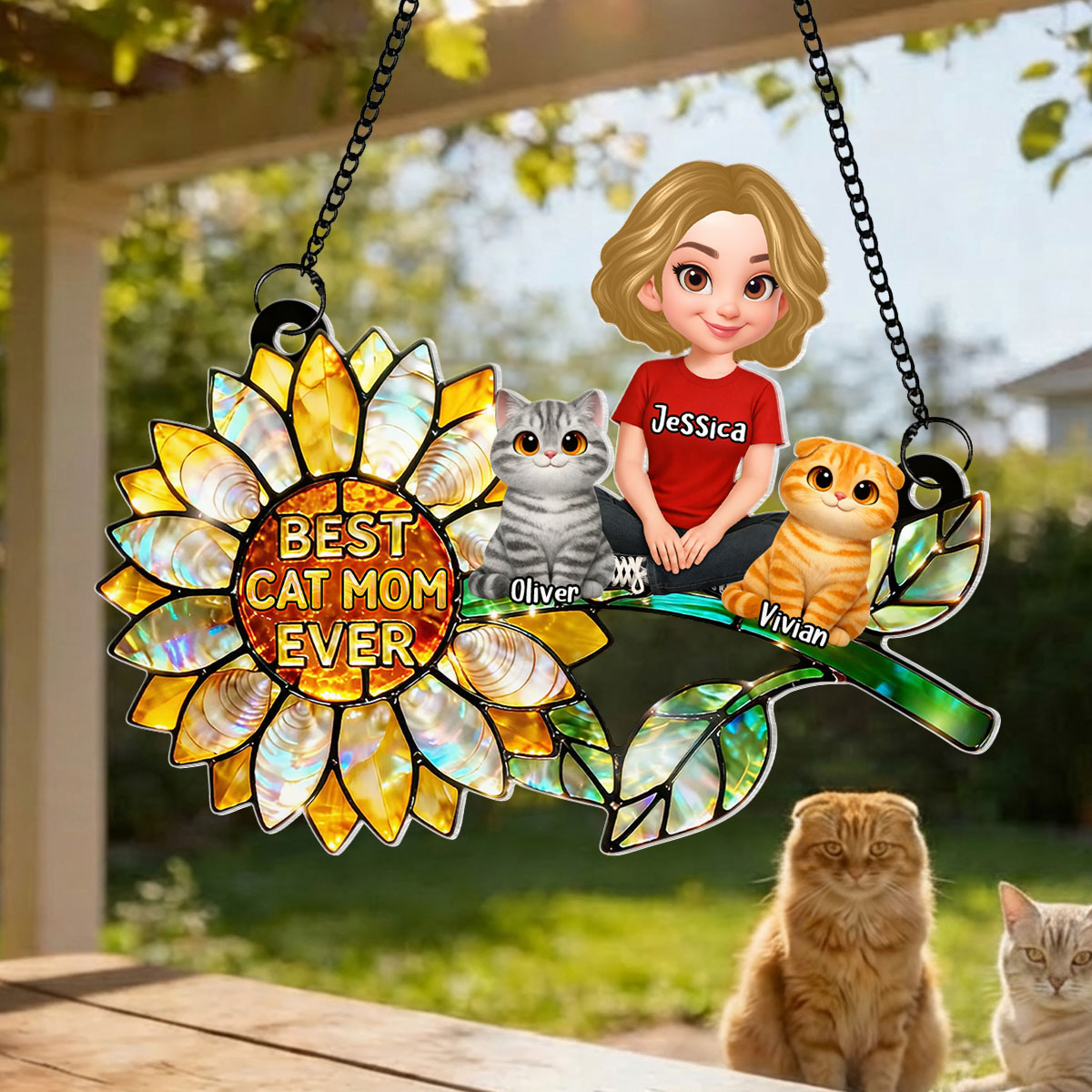 Sunflower Cat Mom and Cats Sitting - Personalized Window Hanging Suncatcher - Mother's Day Gift for Mom, Wife