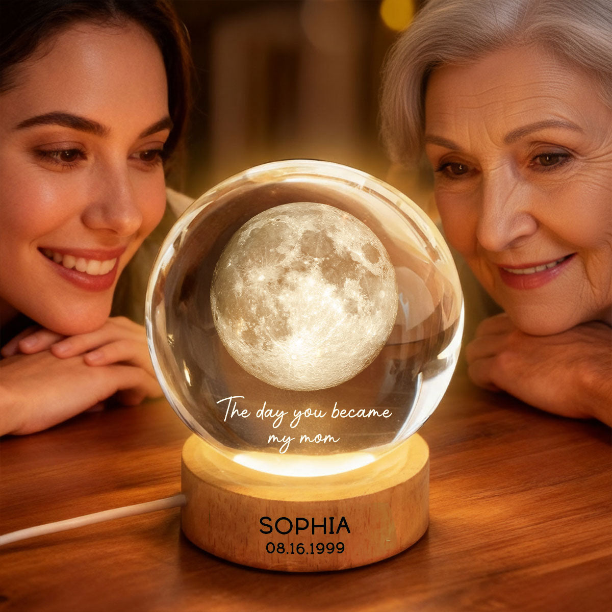 The Day You Became My Mom Engraved Wooden Base - Personalized Crystal Ball LED Night Light - Sentimental Gift for Mom