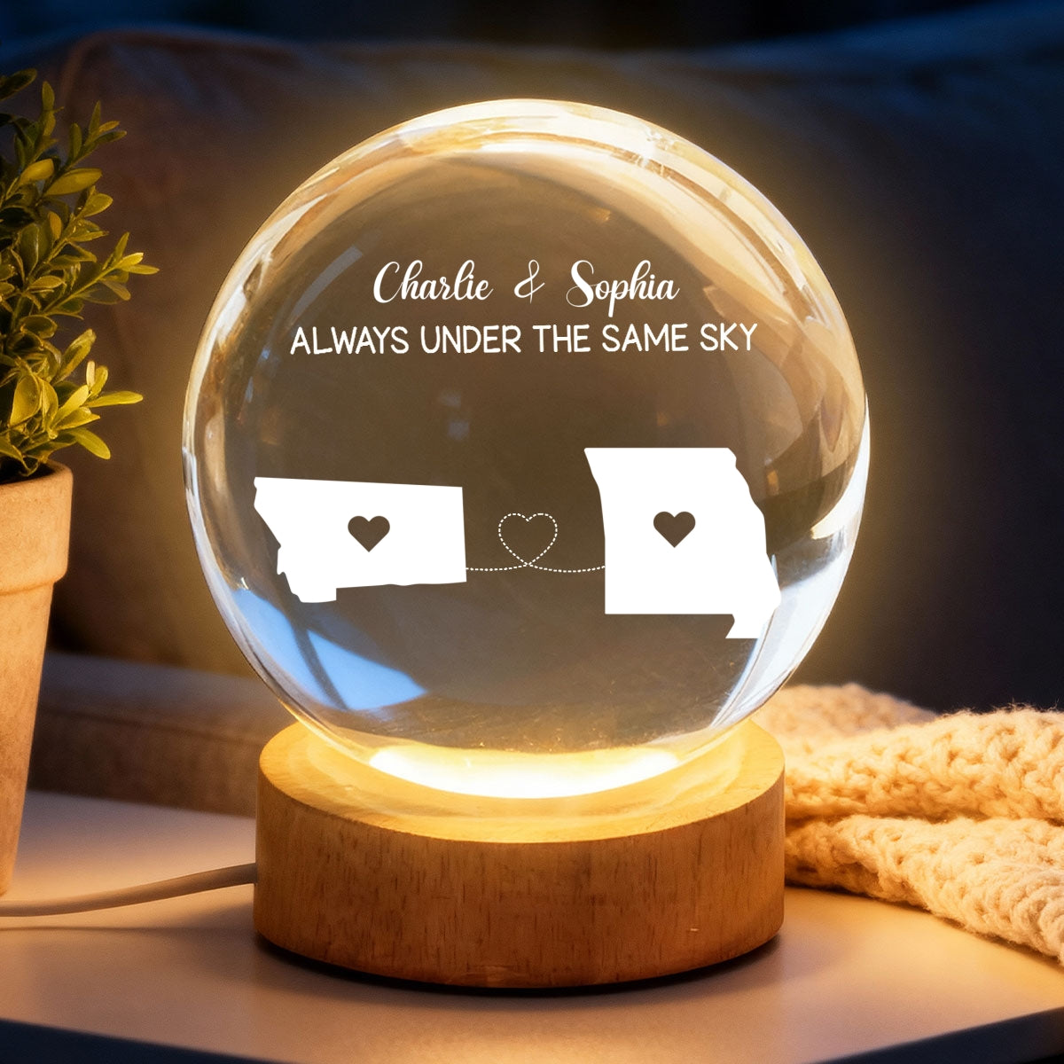 Long Distance Couple State Maps - Personalized Crystal Ball LED Night Light - Anniversary, Valentine's Day Gift, Gift For Him, Gift For Her