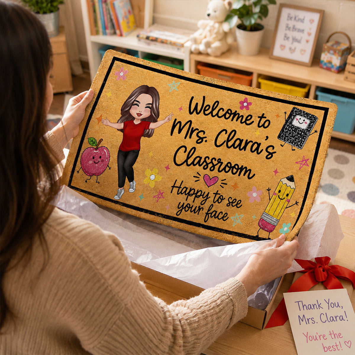 Happy To See Your Face Happy Teacher - Personalized Doormat - Classroom Students Welcome Decor